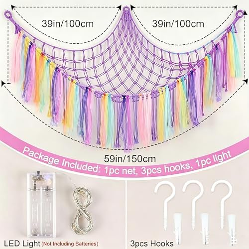THIDARGO Stuffed Animal Hammock Storage Net with LED Lights, Colorful Tassels, 59in, for Kids Bedroom Nursery Playroom, Includes 3 Hooks (not including battery) (Purple) - Image 2