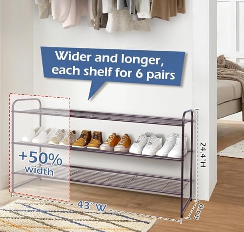 KEETDY Long 3 Tier Shoe Rack for Closet Wide Shoe Storage Organizer Stackable Metal Shoe Shelf for 24 Pairs Men Sneakers with Wire Grid for Closet Floor, Bedroom, Entryway, Bronze - Image 2
