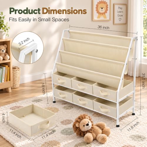 36" Extra Wide Kids Bookshelf and Toy Storage Organizer, 3-Tier Front Facing Book Shelf with 6 Large Removable Storage Bins, Toddler Bookshelf for Nursery, Playroom, Bedroom, Montessori Reading Corner - Image 2