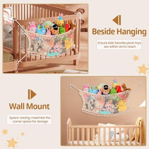 2 Pack Stuffed Animal Storage Net, Large Bedside Toy Organizer Net, Cotton Plushie Toy Storage Hammock with Tether for Stuffed Animals Playroom Organization - Image 4