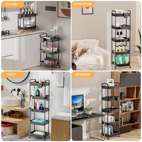 5 Tier Rolling Utility Cart with Handle,REBECAT Utility Cart Made of Multifunctional Storage Organizer Tool for Kitchen,Bathroom,Living Room,Office(Black) - Image 6
