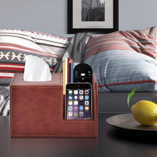 PU Leather Square Tissue Box Cover,Multifunctional Tissue Box Holder,Tissue Box with Storage,Tissue and Remote Control Holder,Tissue Box Decorative Desk Organizer for Home&Office,Brown - Image 2