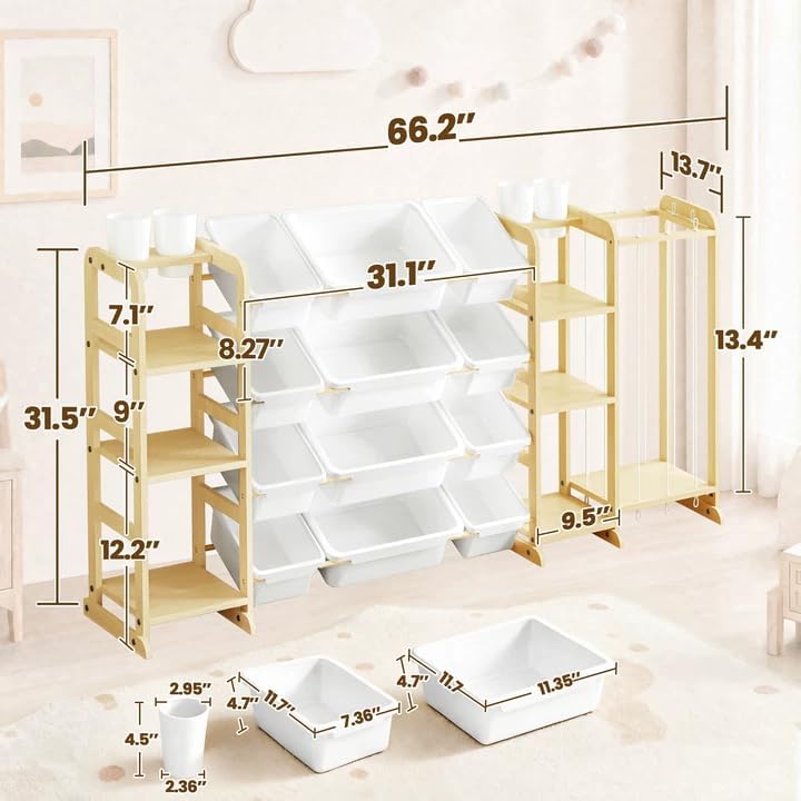 4-in-1 Toy Storage Organizer with 2 Bookshelf, 1 Stuffed Animal Storage and 12 Plastic Bins - Toys Organizer for Kids Room - Wooden Toy Rack for Playroom, Bedroom, Nursery Decor - Image 2