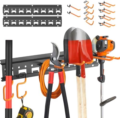 Garden Tool Organizer Wall Mount - Garage Storage and Organization Yard Tool Hanger with Adjustable Pegboard Hooks Shed Rack for Broom Mop Shovel Rake Trimmers, 32 inch Max 350lbs, Black by Unaikoo