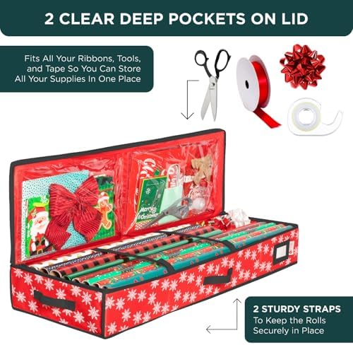 HOLDN’ STORAGE Premium Wrapping Paper Storage Container, Red w/Snowflakes - Image 6