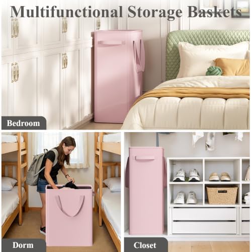 Optish 90L Pink Slim Laundry Hamper, Large Laundry Basket with Handles, Baby Hamper for Nursery, Dorm, Bedroom, Living Room, Collapsible Laundry Basket - Image 7