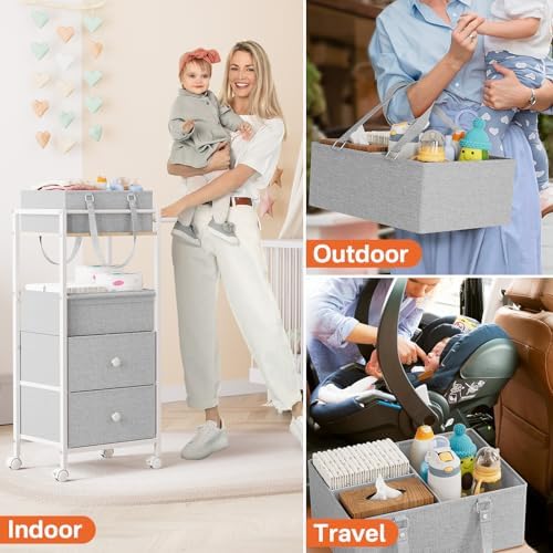 3In1 Modanais Baby Diaper Caddy Organizer Cart with Drawers, Light Gray - Image 5
