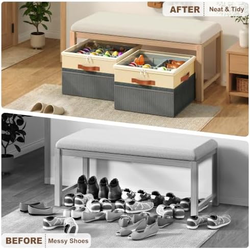 Shoe Organizer for Closet, 2 Pack Foldable Shoe Storage Organizer Box Bin with Adjustable Dividers and Clear Cover, Fits up to 16-32 Pairs（Grey&Beige） - Image 5