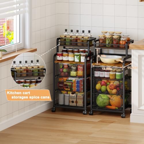 Yociyoga Fruit Vegetable Storage Cart, Kitchen Rolling Cart with Wheels, 4 Tier Pantry Organizer and Storage Cart with Drawer, Wooden Top Kitchen Organizer Rack Stand for Onion Potato Can Snack - Image 3