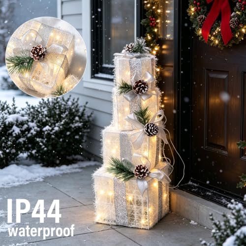 Hourleey Set of 4 Christmas Lighted Gift Boxes Warm White 70 LED Pre-lit - Image 3