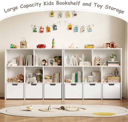 EXPERLAM Toy Storage Organizer, Wooden Kids Bookshelf and Toy Organizer with 3 Rolling Drawers, 5 Storage Cubes, Montessori Playroom Storage Cabinet, White - Image 5