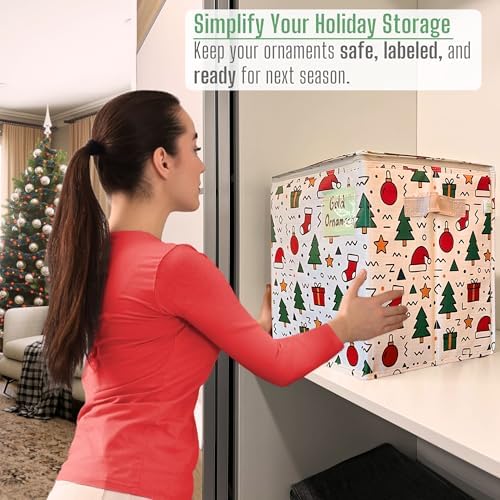VENO 2 Pack Christmas Ornament Storage Box, Holiday Ornament Organizer with Adjustable Dividers, Sturdy Storage Containers for 64 Ornaments, Zippered Lid & Handles, 3" Cube (Jingle Mix) - Image 4
