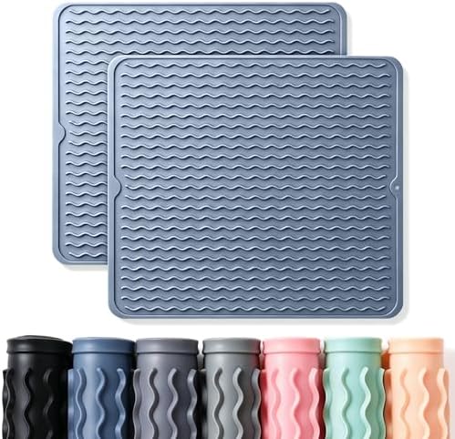 2 Pack Caketime Silicone Dish Drying Mat for Kitchen Counter Multiple Usage for Cooking Grilling Under Sink Office Coffee Accessories Appliances Pioneer Woman Stuff Extra Large 18"x16" Blue by CAKETIME