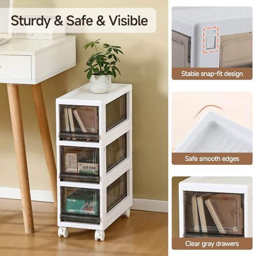 Plastic 3 Drawer Storage Organizer, Narrow Plastic Storage Drawers with Wheels, Storage Cart with Drawers for Small and Narrow Space, 7.87-inch Wide (gray) - Image 6