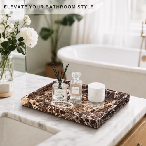 Marble Bathroom Tray for Countertop & Home Decor, Natural Decorative Marble Tray for Jewelry & Perfume Organizer, Luxury Stone Vanity Trays for Dresser, Kitchen Counter, 12" x 8", Brown - Image 5