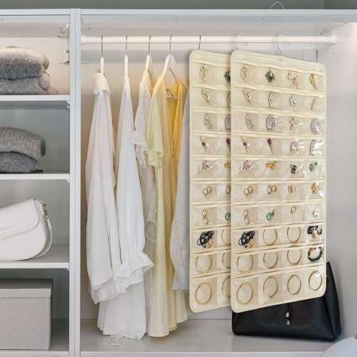 80 Pocket Hanging Jewelry Organizer with Hanger Metal Hooks Storage On Wall Door Closet Double-Sided(Each Side 40 Pockets) Jewelry Holder for Earrings, Necklaces, Rings (4 PACK BEIGE) - Image 6