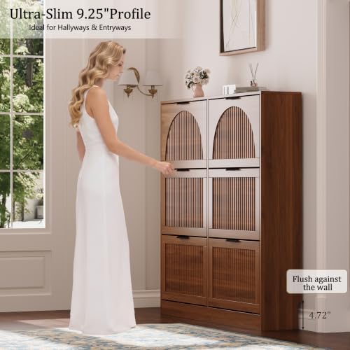 Fluted Shoe Storage Cabinet for Entryway, 6 Flip Drawers, Walnut - Image 4