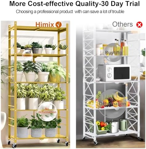 Himix 5-Tier Foldable Storage Shelves with 20 Hooks Wheels Bookshelf Gold - Image 6