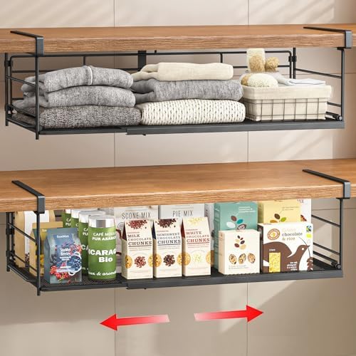 Expandable Under Cabinet Shelf, Extendable Under Shelf Storage with Removable Wire-Like Back for Pantry Cabinet, Laundry Room, Shoe Rack. (Black, 2 Pack, Interior: 5" H x 10" D) by SHINEWON