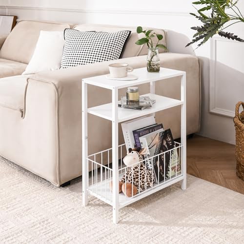 Narrow Side Table with Storage Basket Small End Table for Small Space,White - Image 2
