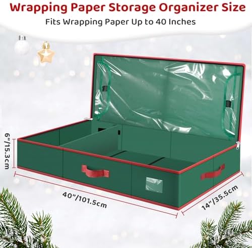 BlessedSeason Wrapping Paper Storage Organizer for 40 Inch Christmas Gifts Wrapping Paper, 2 Visible Supplies Pockets for Holiday Accessories, Christmas Decoration Storage Containers, Green - Image 2