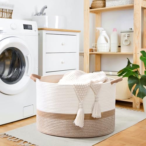 67L Large Blanket Basket, 20"x13" Woven Storage Baskets With Handle, Cotton Rope Blanket Basket Living Room, Baby Laundry hamper for Blanket, Nursery, Toy, Pillow (White & Brown) - Image 2
