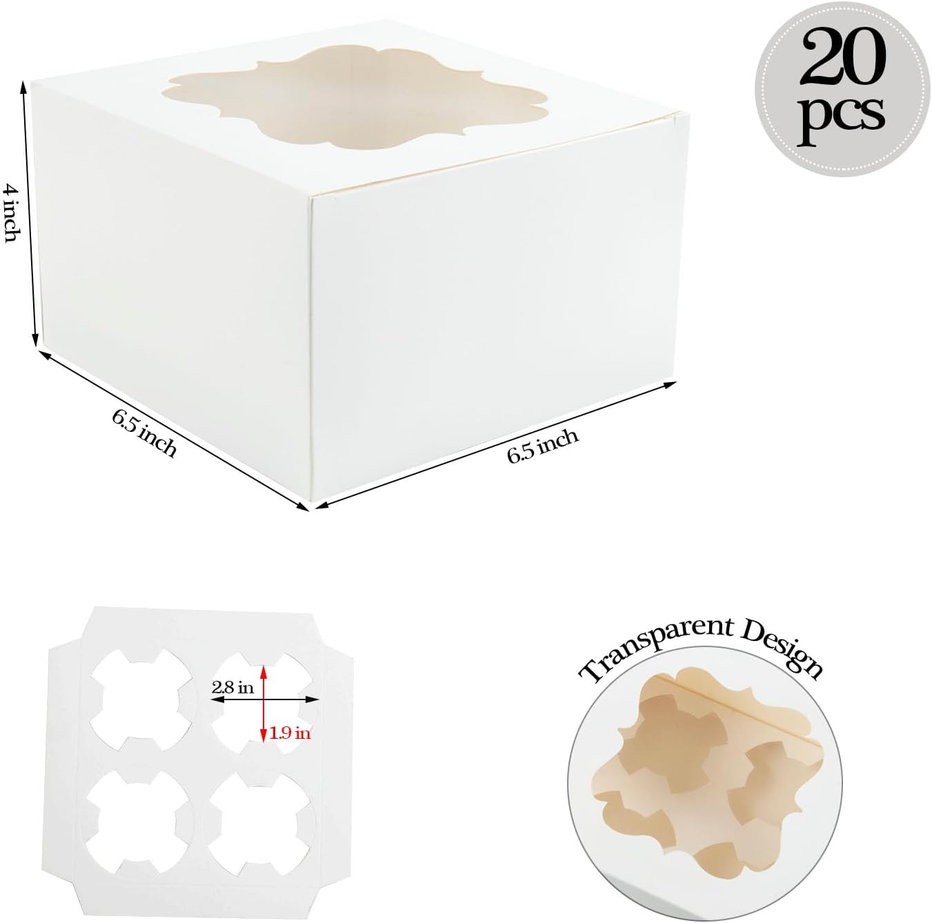 20 PCS 6.5 x 6.5 x 4 inch Paper, Cupcake Boxes with Inserts and Window Hold 4 Cupcakes, Bakery Boxes For Cupcakes Carrier, Cupcake Containers (Red-4 Holes)