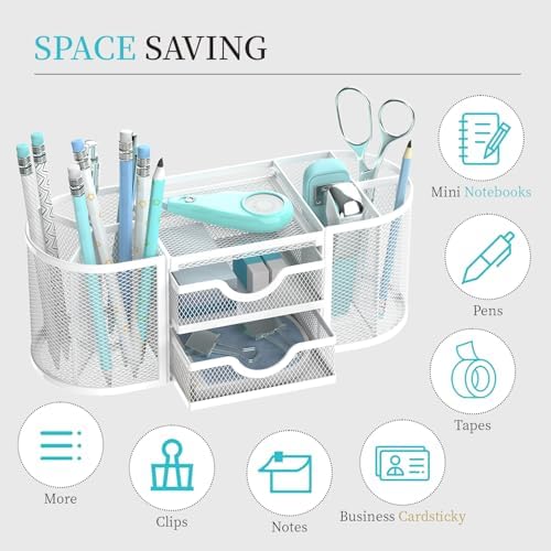 SUPEASY Mesh Desk Organizer, Pen Holder for Desk with 2 Drawers, White - Image 4