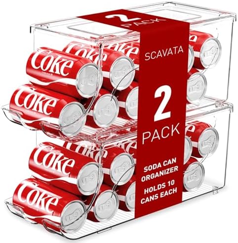 SCAVATA 2 Pack Stackable Refrigerator Organizer, Soda Can Dispenser Pop Cans Container Beverage Holder with Lid for Fridge, Freezer, Kitchen, Clear Plastic Storage Bins-Holds 10 Cans Each by Tidyyourlife