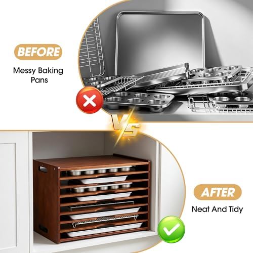 8-Tier Baking Sheet Organizer for Cabinet, 17 x 12 x 14 in Wooden Tray Divider Rack, Bamboo Cutting Board, Pan, Tray and Cookie Sheet Organizer for Kitchen Storage - Image 6