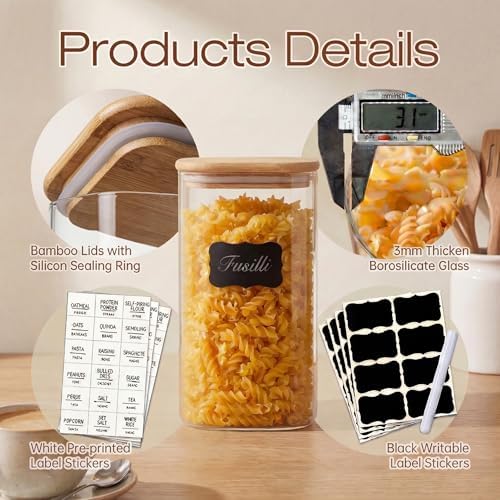 HomArtist Square Glass Jars with Bamboo Lids [Muti Size Set of 5], Glass Canisters with Airtight Lids, Glass Food Storage Containers for Pasta, Cereal, Flour, Sugar, Best for Kitchen & Pantry - Image 4