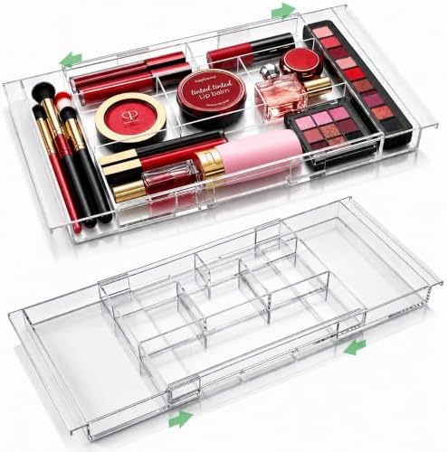 Masirs Expandable Drawer Organizer - Customizable Makeup Vanity Organizing Storage Tray for Bathroom, Bedroom & Desk Drawers - Clear Plastic Cosmetics Organizers with Expanding Compartment (Set of 2) by Masirs
