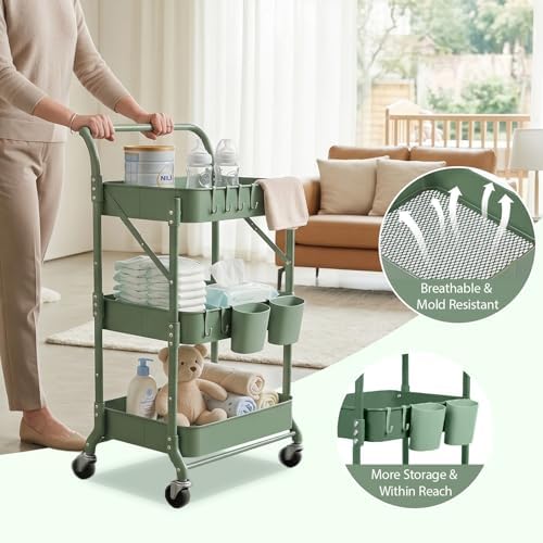 3 Tier Foldable Rolling Cart with Wheels, Metal Folding Utility Cart Organizer, Collapsible Rolling Storage Cart with 3 Hanging Cups & 6 Hooks for Kitchen, Office, Nursery (Green) - Image 5