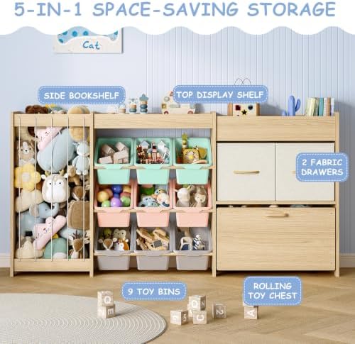 EXPERLAM 5-in-1 Toy Organizer, Plush Holder, 9 Multi-Color Bins, Toy Chest - Image 3