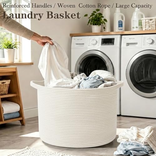 65L Large Blanket Basket,Woven Rope Laundry Basket-White - Image 5