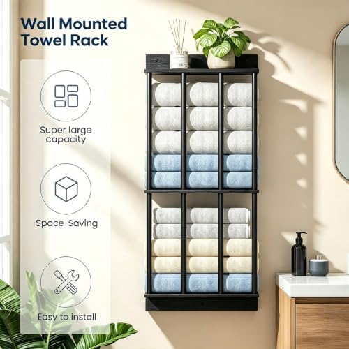 Wall Mounted Towel Rack, Wood & Metal Towel Holder for Bathroom Wall - Image 4