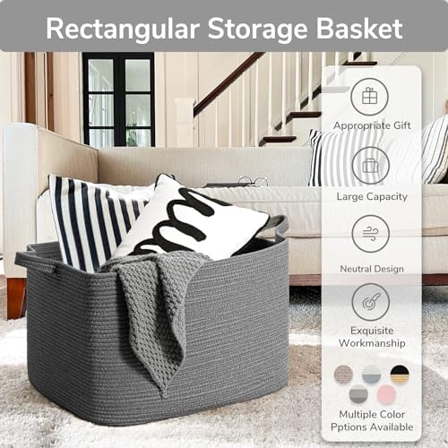 Goodpick 85L Large Woven Rope Blanket Basket, Rectangle, Dark Gray - Image 7
