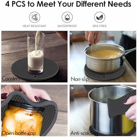 Silicone Trivets for Hot Pots and Pans, 0.31" Thick Trivet Mat for Hot Dishes Set of 4, Heat Resistant Durable Flexible Silicone Mat Pot Mat for Countertop, Easy to Wash and Dry, Dark Gray - Image 2
