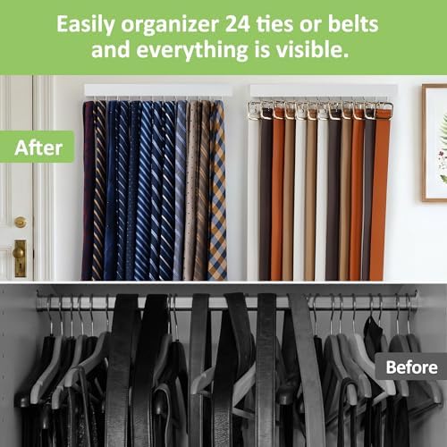 2 Pack Tie Hanger Wall Mounted, Wooden Tie Rack Belt Hanger with 24 Non Slip 180° Rotating Hooks, Belt Organizer Space Saving Tie Hanger for Closet, Tie Holder & Tie Organizer, White - Image 2