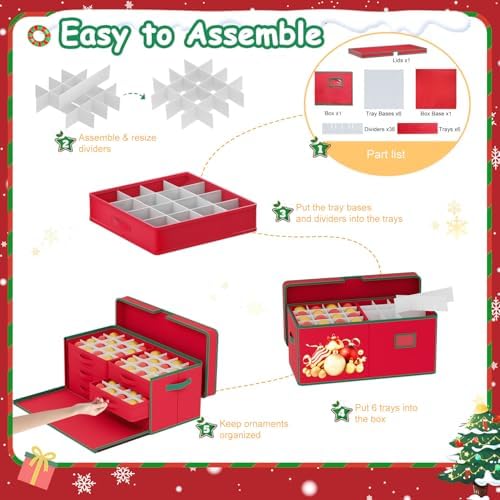 FUHSY Christmas Ornament Storage Box 96-3" Slots Adjustable Dividers Ornament Storage Container Ornament Organizer with Trays Stackable Christmas Storage Bins with Lids Holiday Ornament Boxes - Image 4