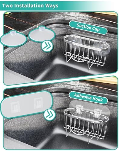 HapiRm Multifunctional Adhesive Kitchen Sink Organizer with M-Shaped, 2 Installation Methods Kitchen Sponge Holder, Rustproof Sponge Caddy for Brush, Sink Stopper and Scraper -Silver - Image 3