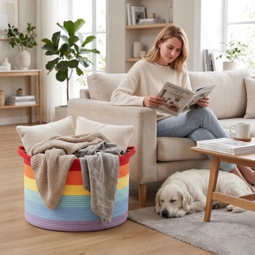 65L Large Blanket Basket,Rope Woven Laundry Basket-Rainbow - Image 4