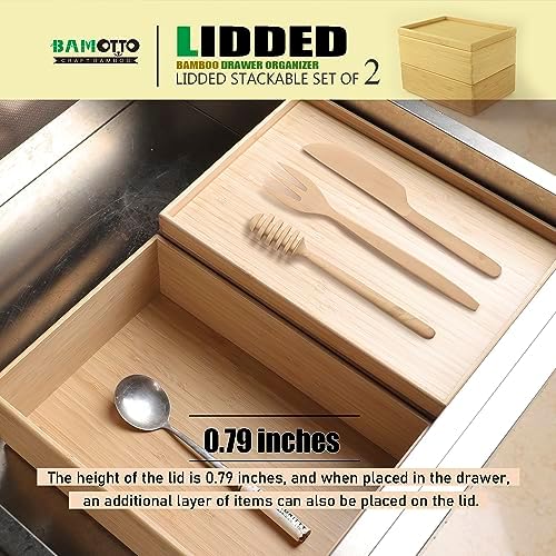 Stackable Bamboo Drawer Organizer Set – 2 Boxes with 1 Lid | Wood-Laminated Trays for Kitchen Utensils, Silverware & Flatware – Storage Fits Cabinets, Pantry, Bathroom & Office | 10.2"x7.3" (2-Pack) - Image 5
