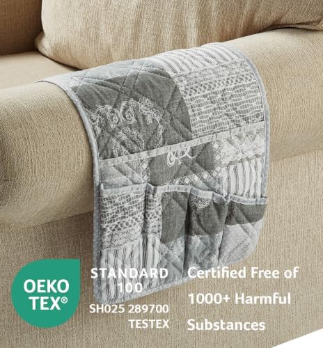 Brilliant Sunshine Grey Toile Floral Couch Armrest Organizer, 35"×13" - Image 2