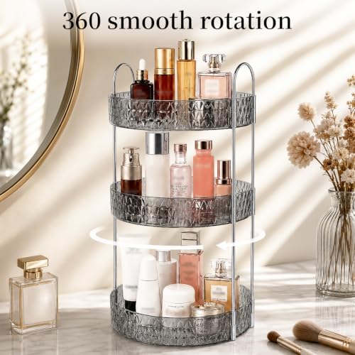 Large Capacity Rotating Makeup Organizer Perfume Stand Holder, 3 Tier Gray - Image 2