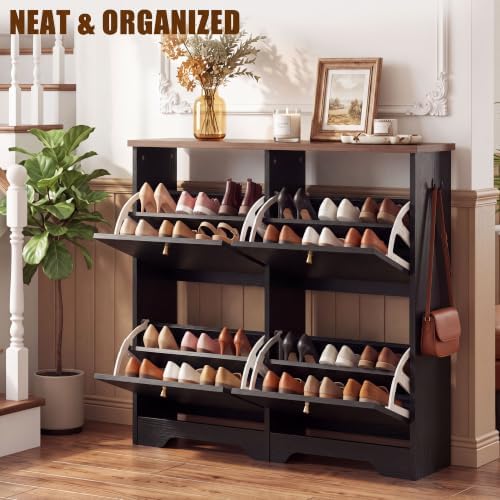 Nicetree 4 Flip‑Drawer Shoe Cabinet,Walnut Top,9.5" Deep,Light Black - Image 4