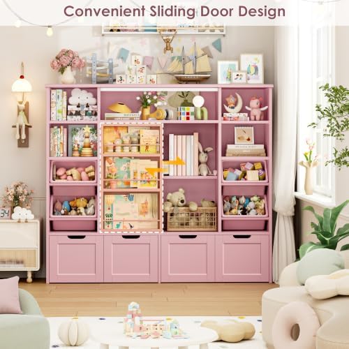 FINETONES Toy Storage with Sliding Bookshelf, Toy Organizer with 4 Bins - Image 5