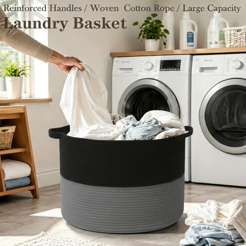 65L Large Blanket Basket,Woven Rope Laundry Basket-Black&Dark Grey - Image 5