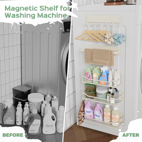 5 Pack Multifunctional Magnetic Shelves for Refrigerator Spice Rack & Washing Machine Organize, Include Paper Towel Holder, Kitchen Utensil Hanger and Hooks, Strong Magnet for Secure Hold (Cream) - Image 5