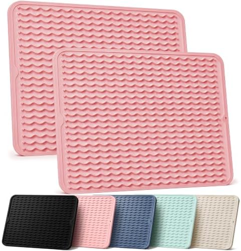 2 Pack Silicone Dish Drying Mat for Kitchen Counter Cooking Baking Liners Drawer Refrigerator Espresso Machine Station Utensil Holder Washer Trivets Oven Chef Gifts Large 18"x16" Pink by AOTASO